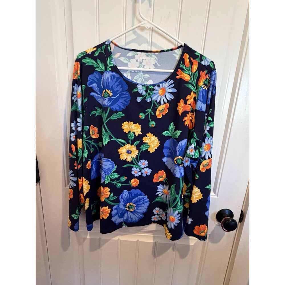 Lands End Womens 2X 20W 22W Navy Blue Floral Poppy Long Sleeve Top Plus Size